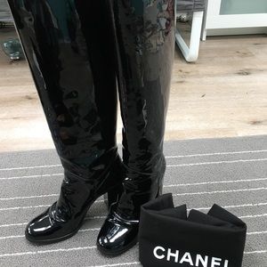 Chanel CC Patent knee high Boots