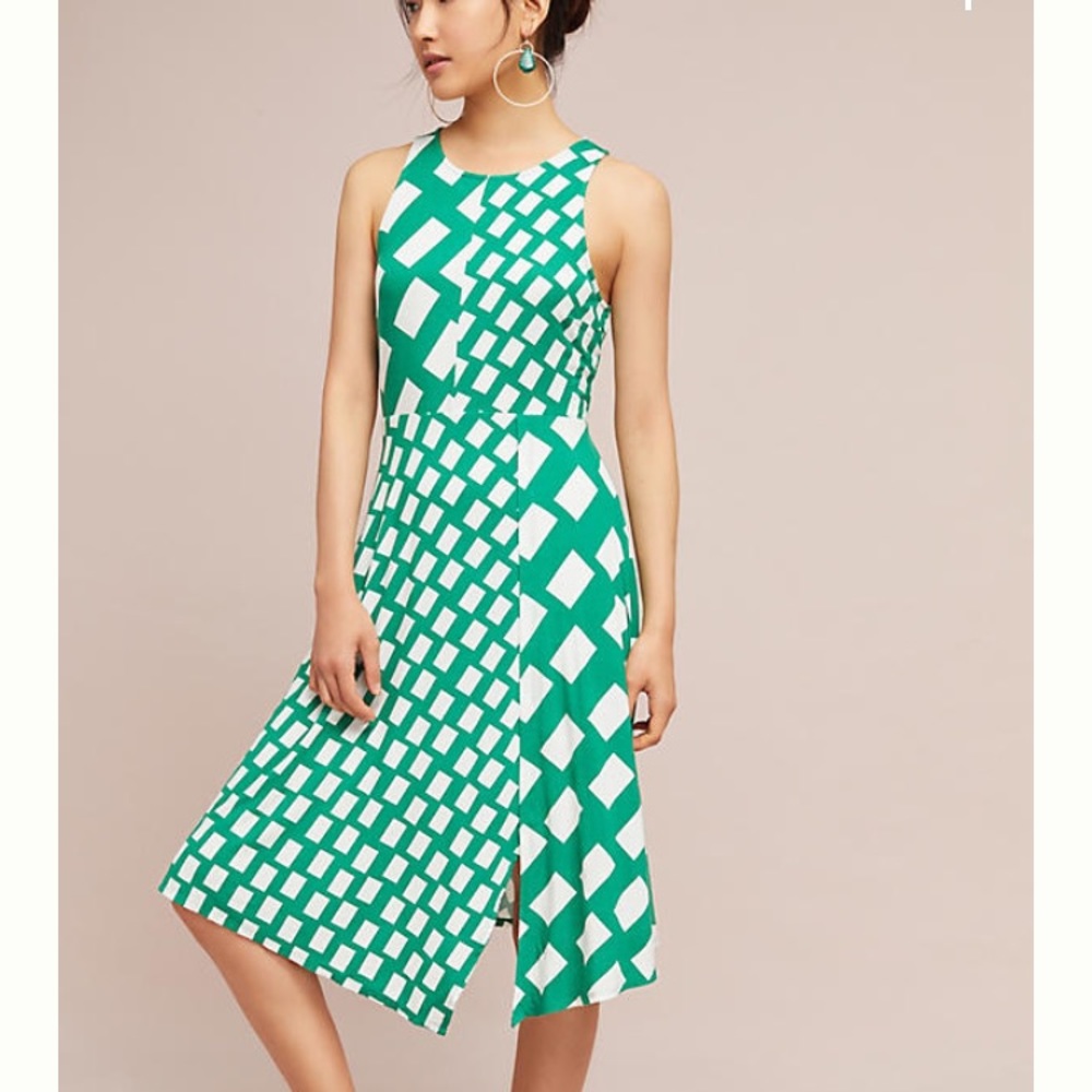 Anthropologie Geometric green and white dress