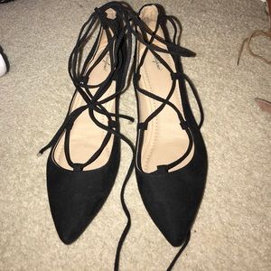 Black ankle lace up flats.