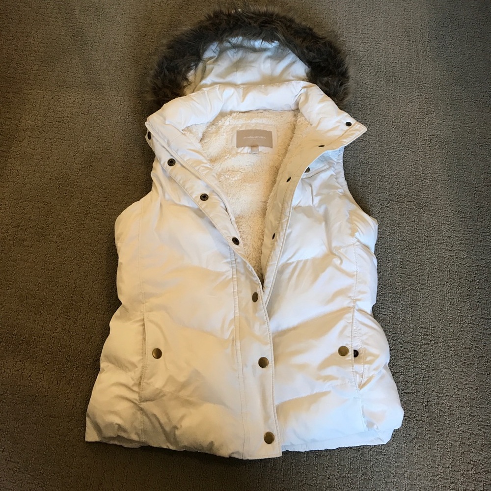 Cream Puffer Vest with Fur Hood