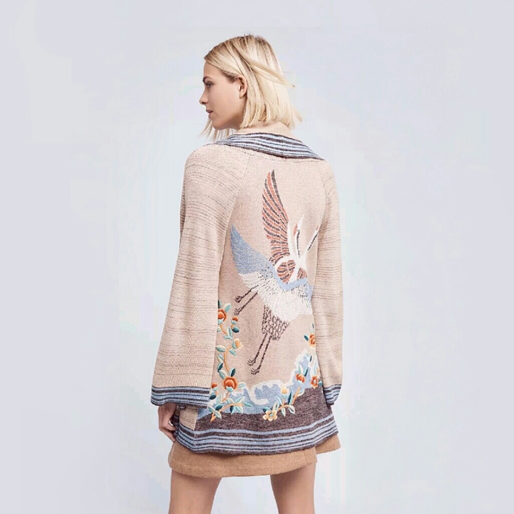 Rare Anthropologie Cardigan Sweater Coat Knit Kimono with Birds - Picture 2 of 8