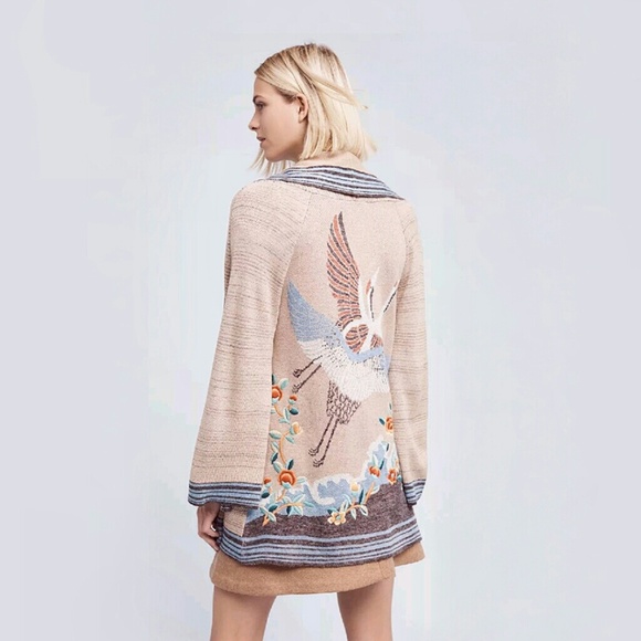 Rare Anthropologie Cardigan Sweater Coat Knit Kimono with Birds - Picture 2 of 8