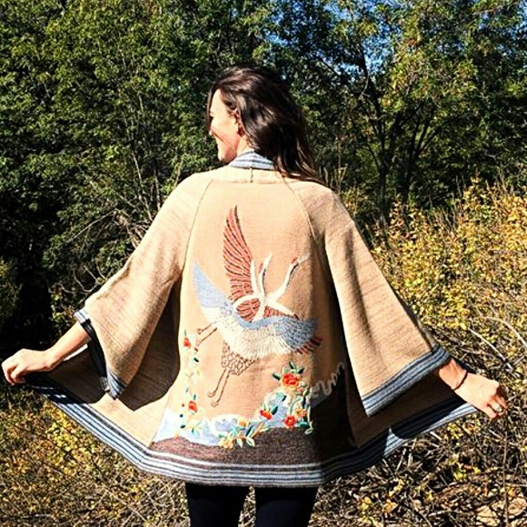 Rare Anthropologie Cardigan Sweater Coat Knit Kimono with Birds - Picture 7 of 8