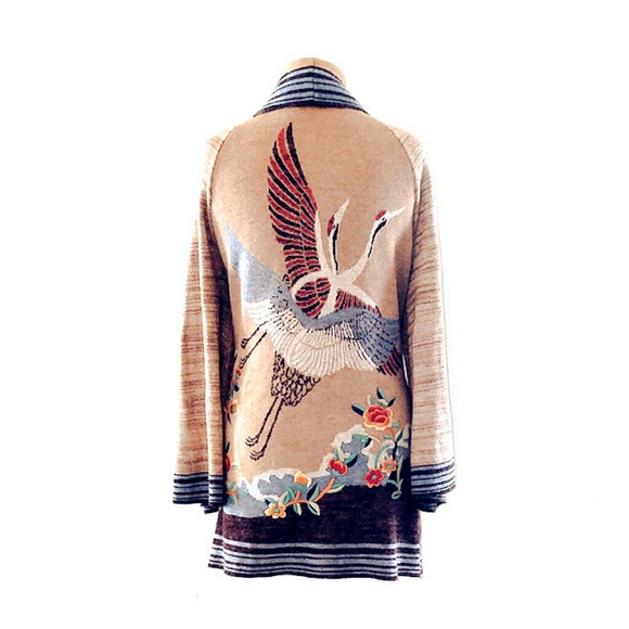 Rare Anthropologie Cardigan Sweater Coat Knit Kimono with Birds - Picture 3 of 8
