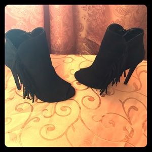 Open toe bootie with fringe accent