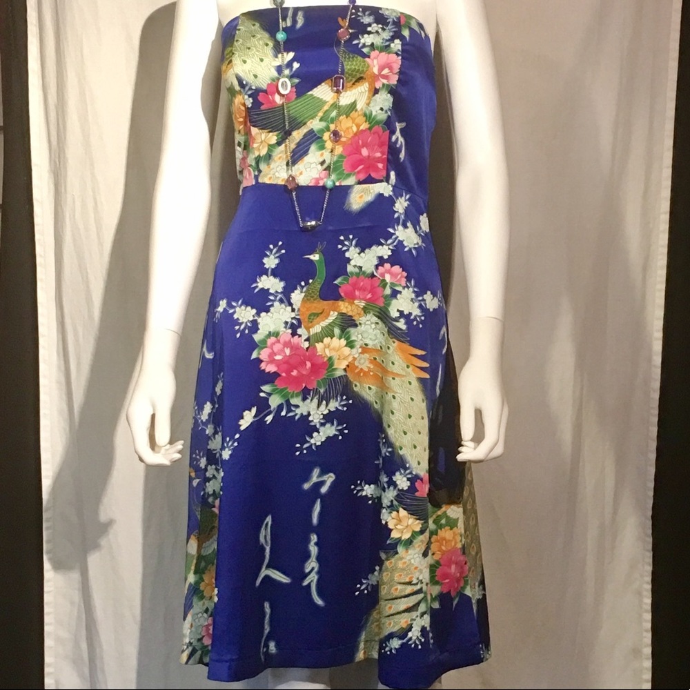 Japanese inspired peacock satin dress