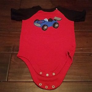 Boys red and black race car onsie
