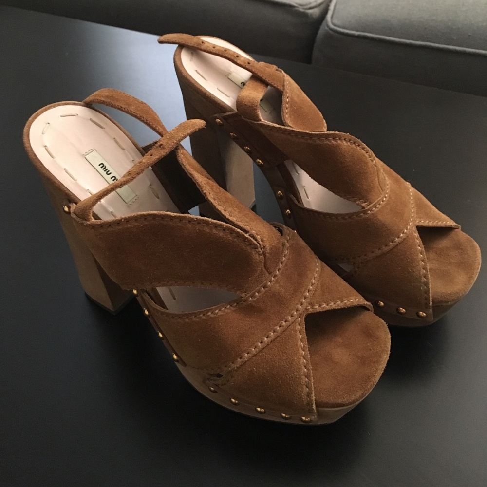 Miu Miu Wooden Suede Platform Sandals - Picture 4 of 8