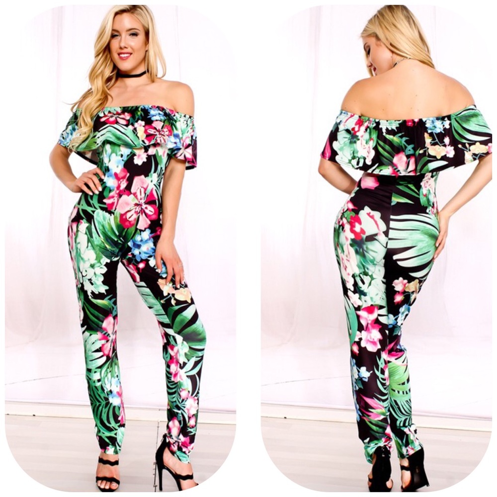 Off Shoulder Tropical Jumpsuit