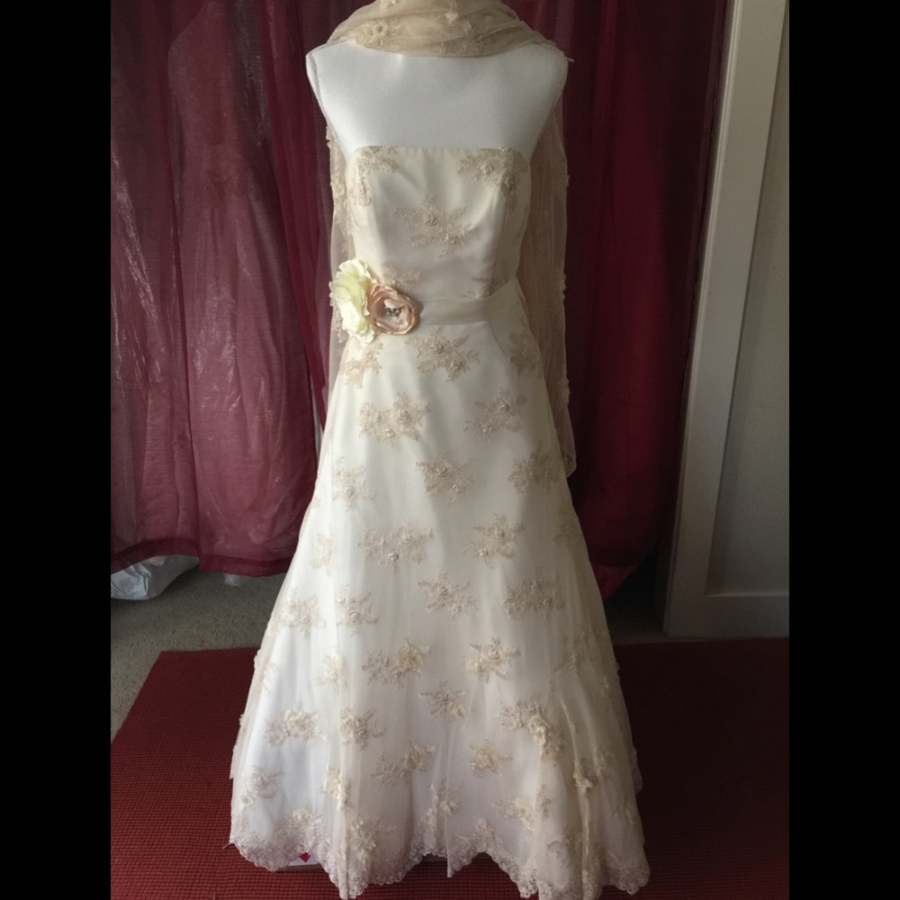 Monique Luo Cream Gown with Lace Wrap