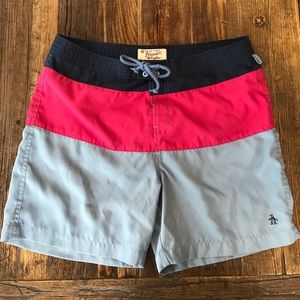 color block penguin men’s swim trunks