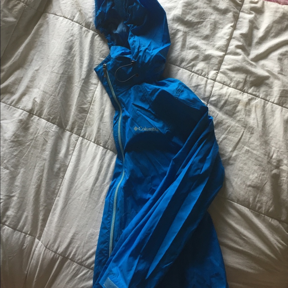 Blue Columbia rain jacket.