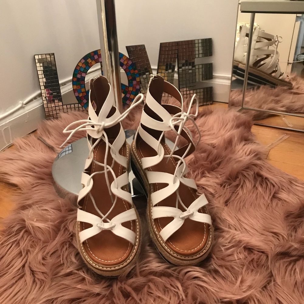 White gladiator sandals, tie & zip!