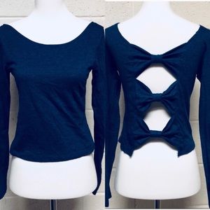 Bow-Open Back Navy Blue Cotton Shirt