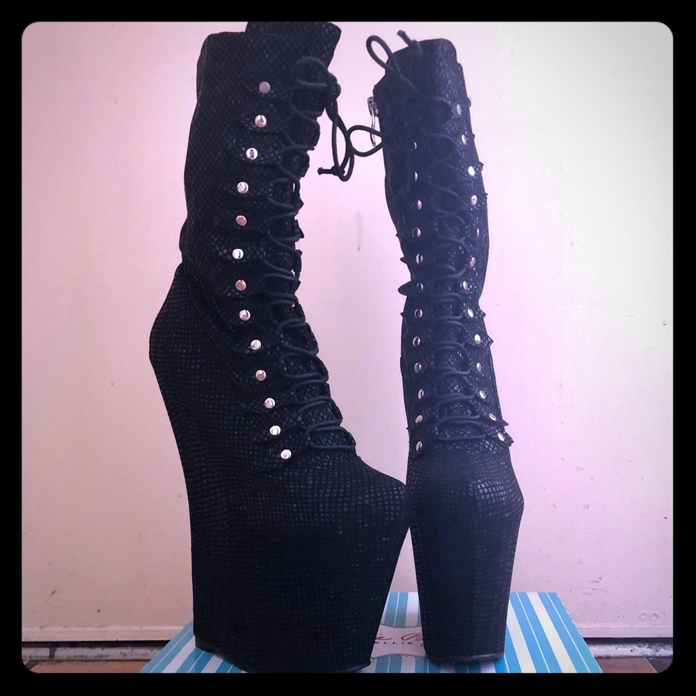 Bettie Page Black Snake Wedge Boots.