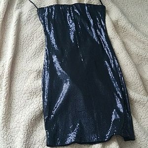 Blue sequined strapless body con dress