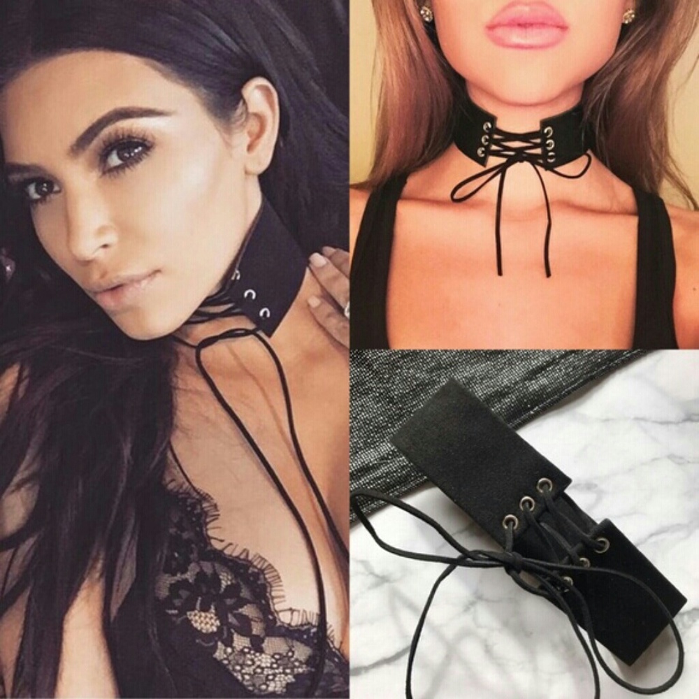 Kim Kardashian Inspired Black Wide Lace up Choker