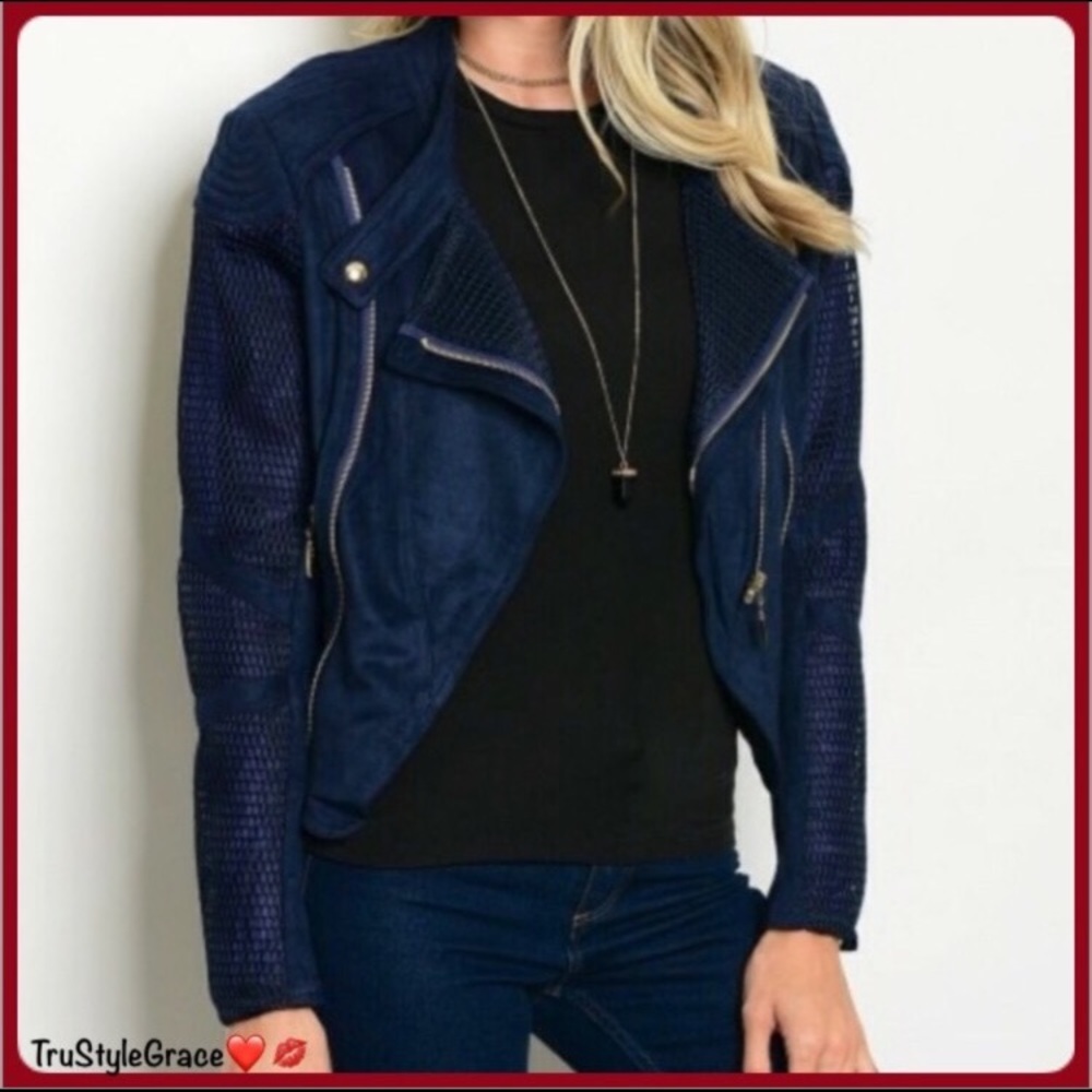 💙 Last One 💙 Gorgeous Vegan Suede Navy Moto Jacket - Size Large