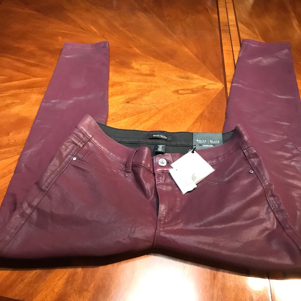 WHBM Wine “Faux Leather” Skinny Jeans