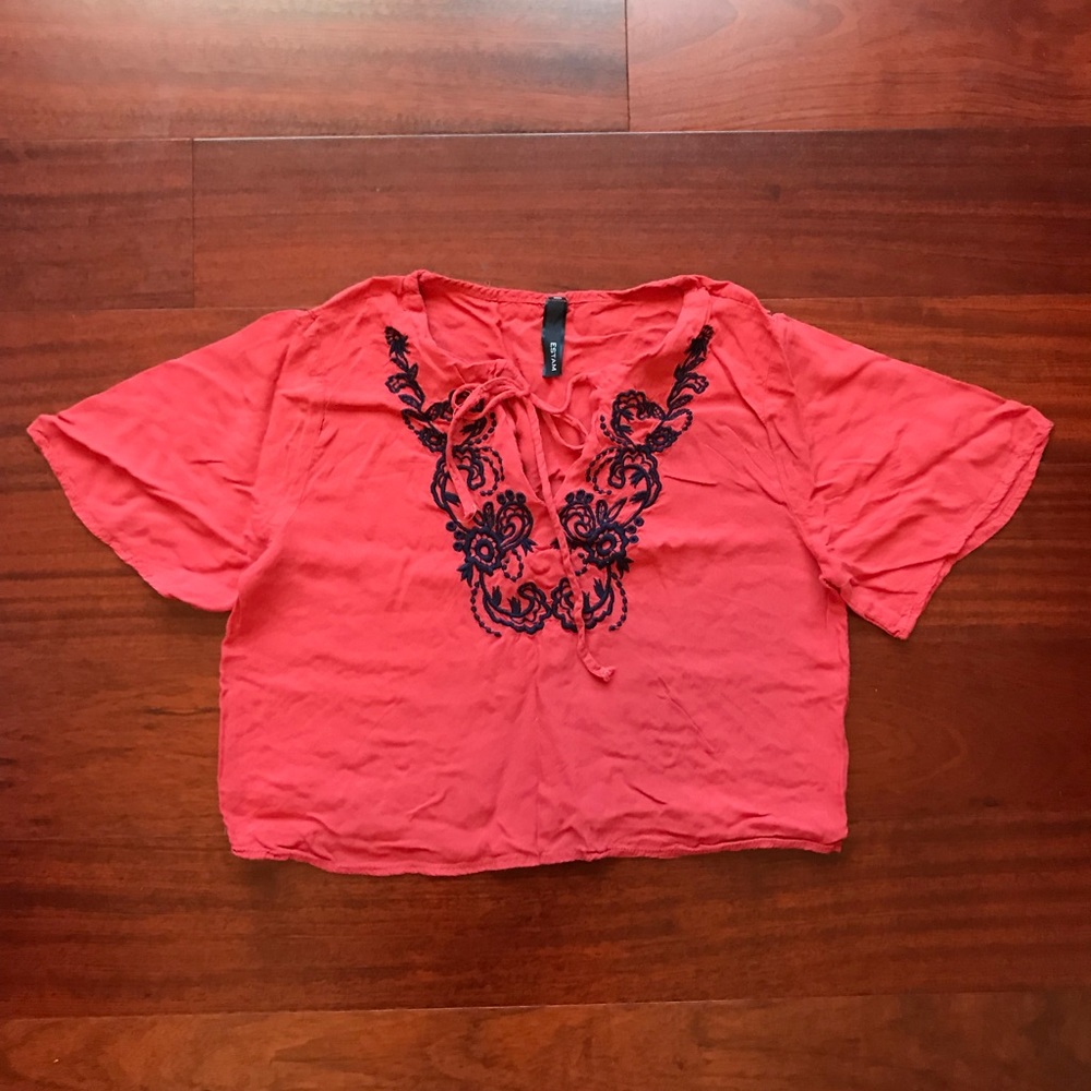 Burnt orange with blue embroidery crop top