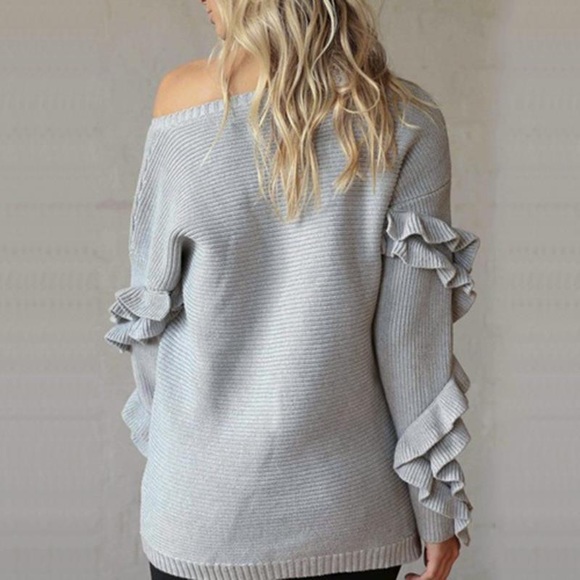 💥 LAST ONE Cozy Knit Ruffled Sleeve Sweater Grey - Picture 3 of 7