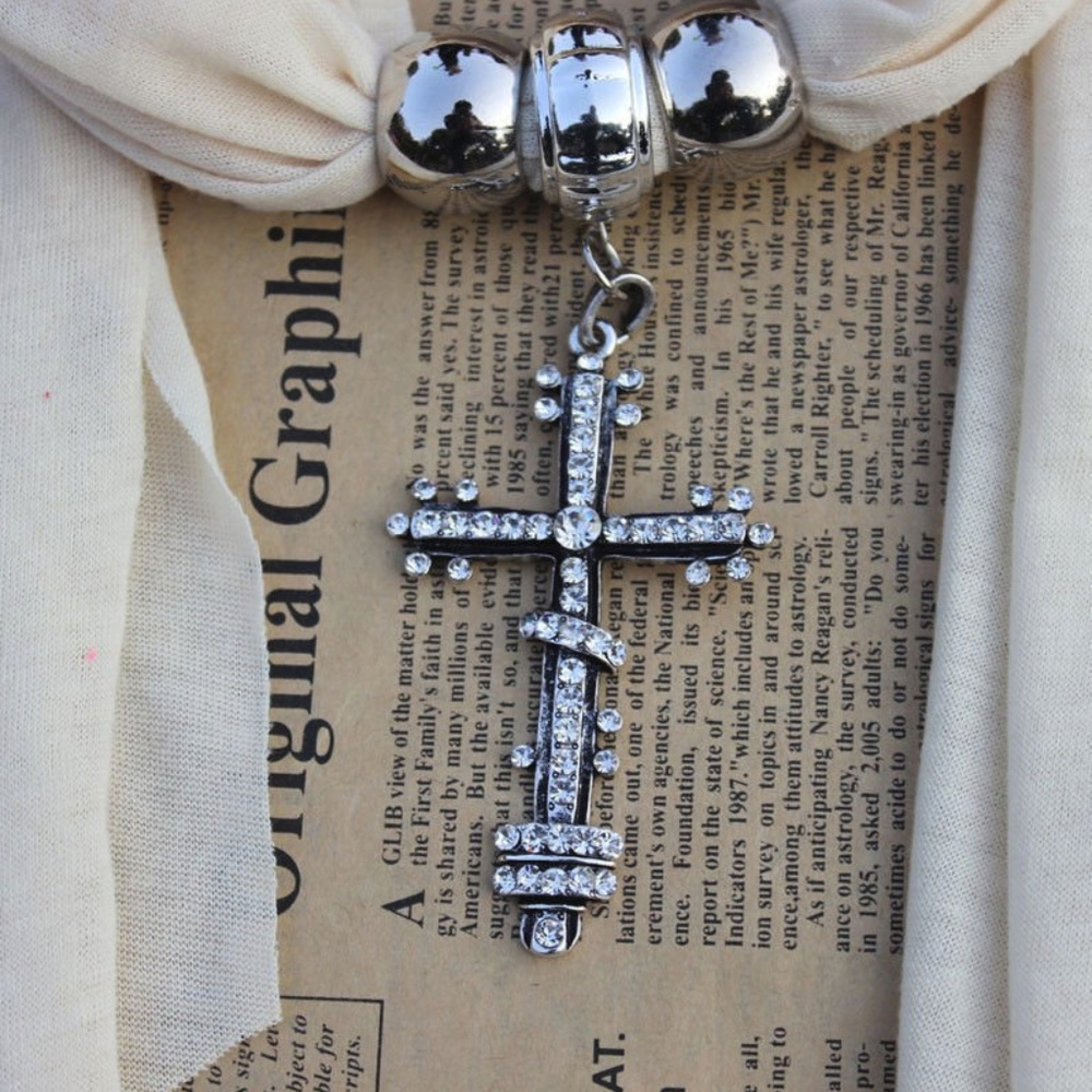 Crystal Cross / Crucifix White Scarf Pendant