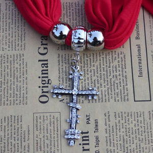 Crystal Cross / Crucifix Red Scarf Pendant