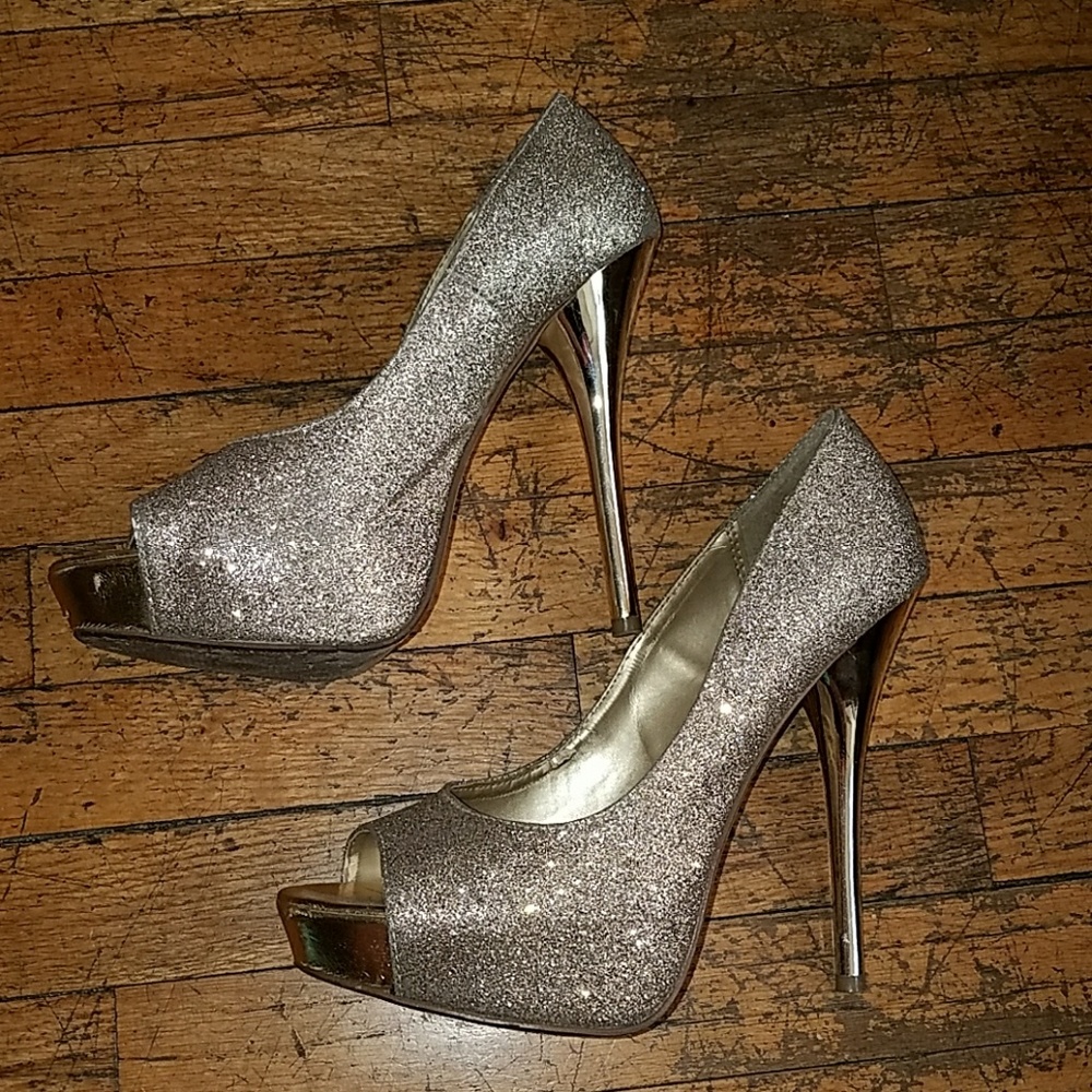 Glitter gold heel peeptoe platform pumps