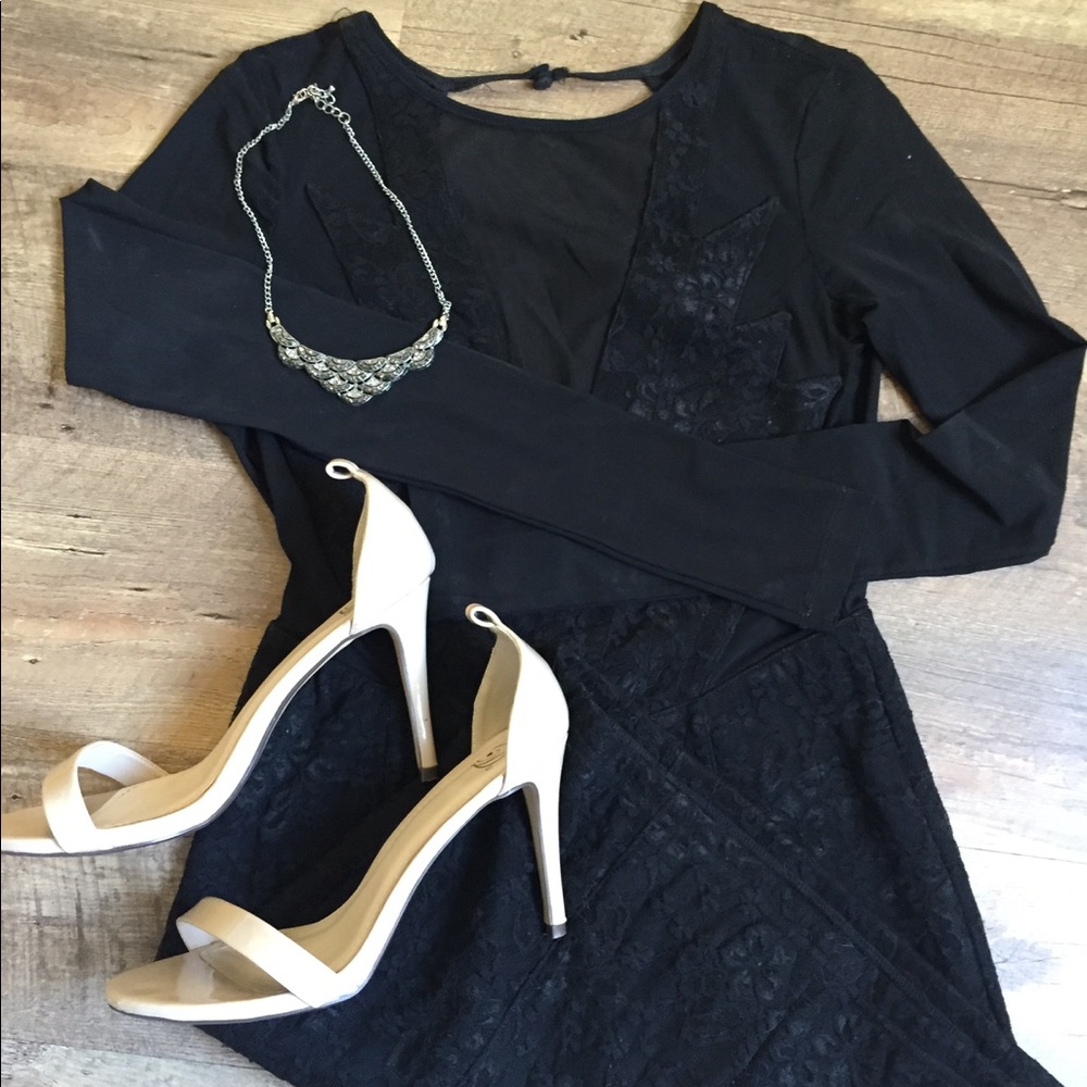 Black mesh sleeve cut out lace dress