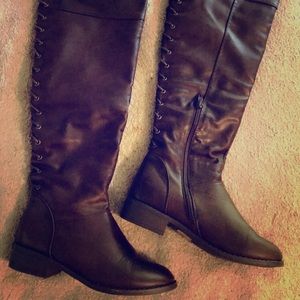 Brown Knee-Length Lace Up Boots