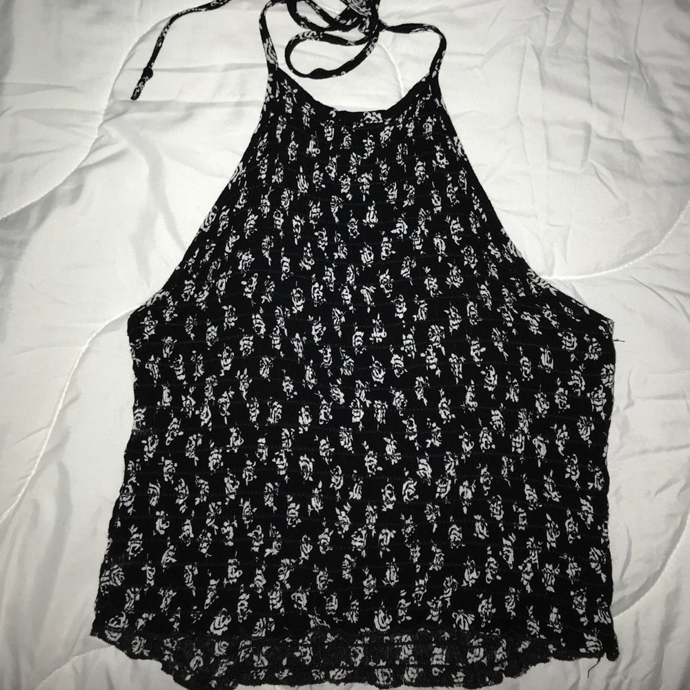 black floral patterned high neck tie top