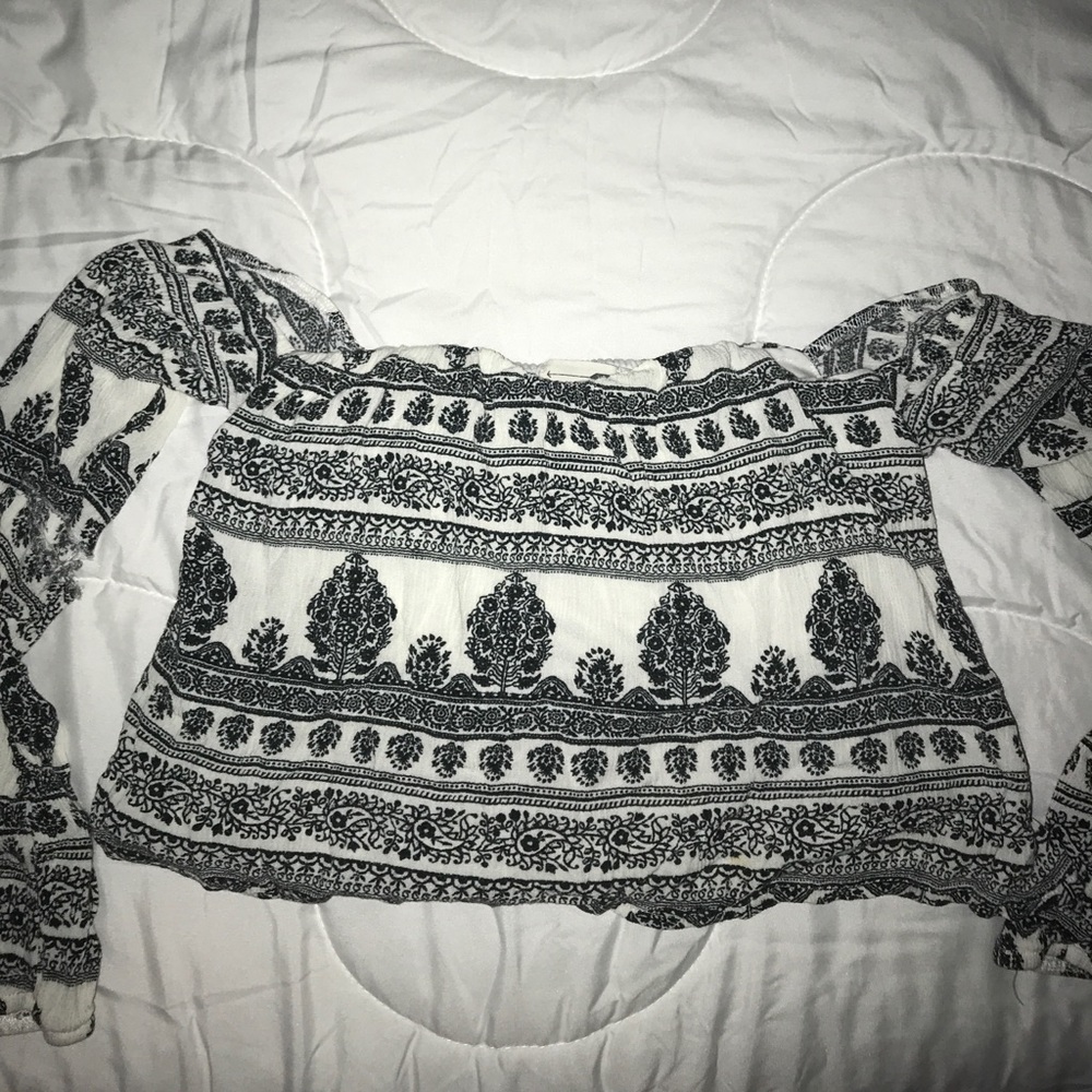 white and navy blue off the shoulder crop top