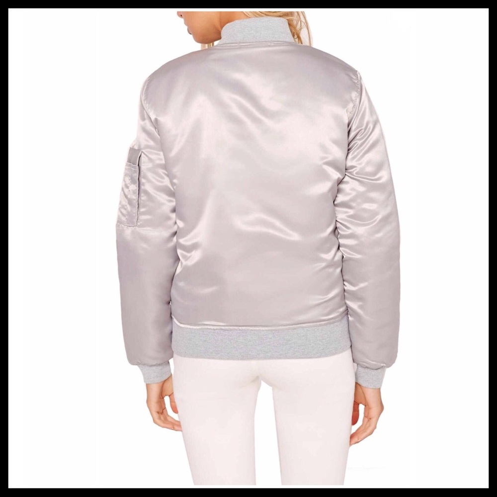 SILVER SATIN MOTO BOMBER VARSITY JACKET - Picture 2 of 8