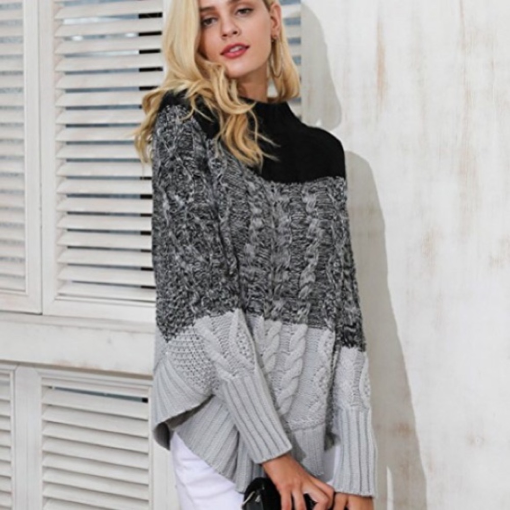 Marled Sleeved Cowl Neck Poncho Sweater - Picture 2 of 6