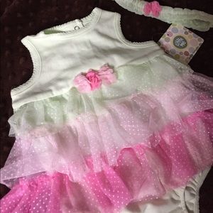 Green & pink ruffle onesie with matching headband