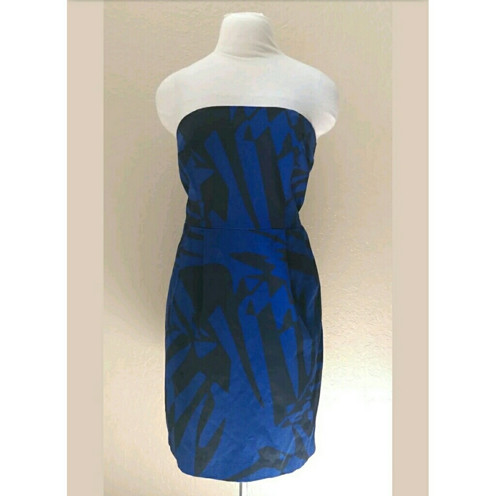 Express blue Palm leaf print strapless mini dress