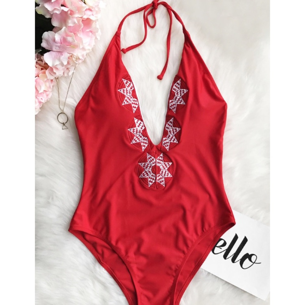 Cupshe Red Embroidered One Piece Bikini