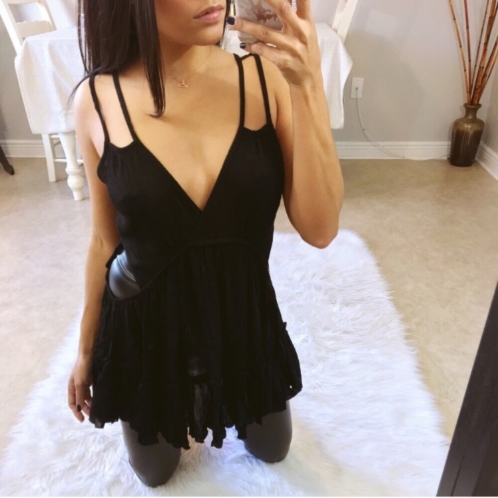 Black double strap cut out tunic top