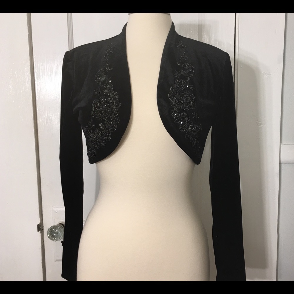 Black Velour Velvet Beaded Bolero Shrug Jacket