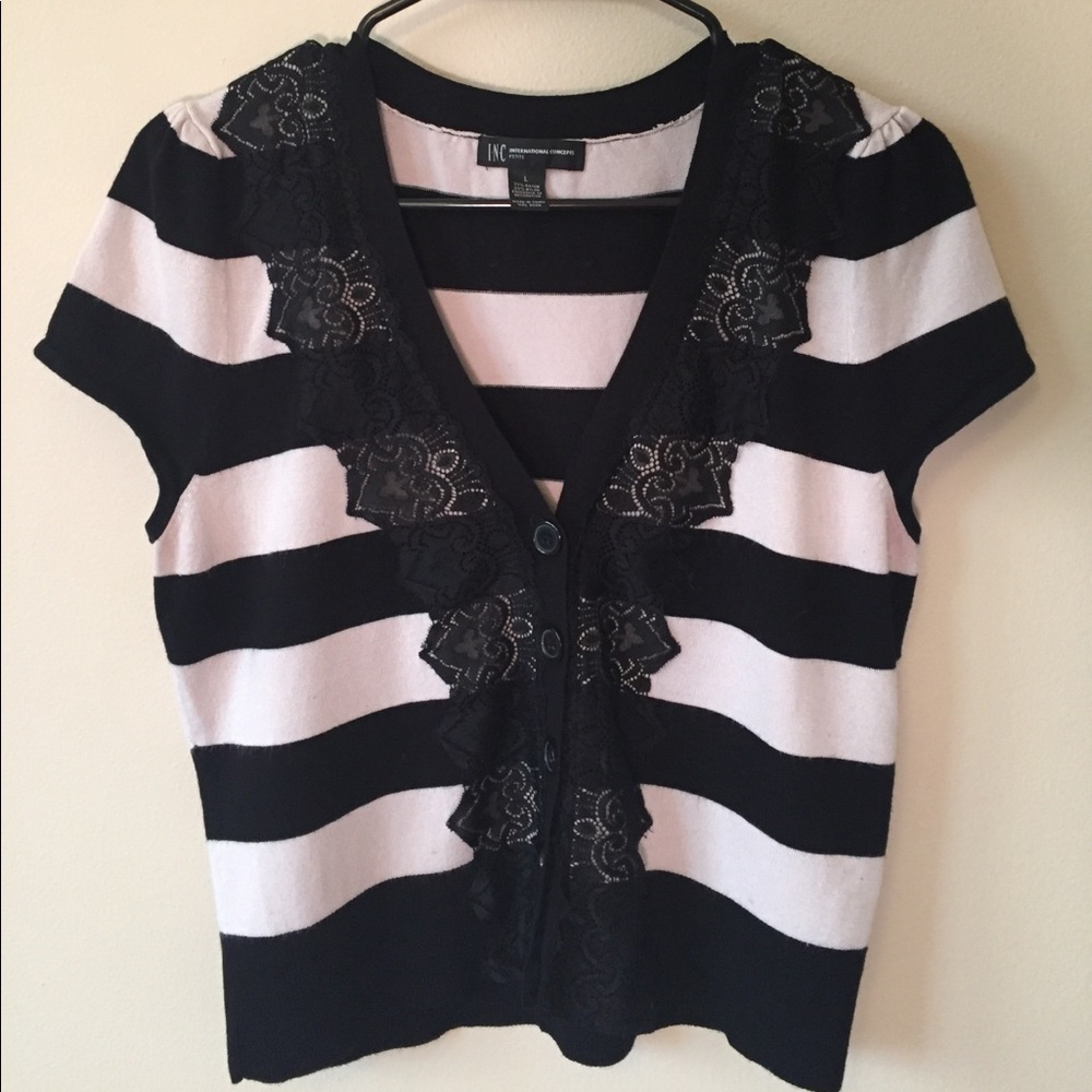 Striped Short Sleeve Lace Front Sweater