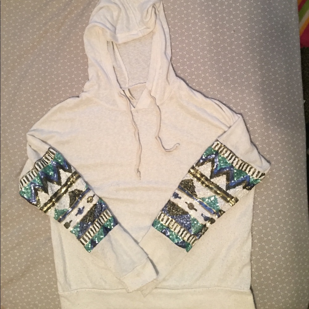 White hoodie with sequin sleeves
