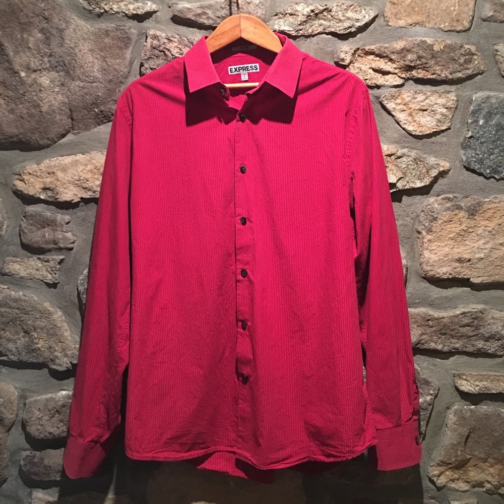 Express Red White&Black Striped Fitted Dress Shirt