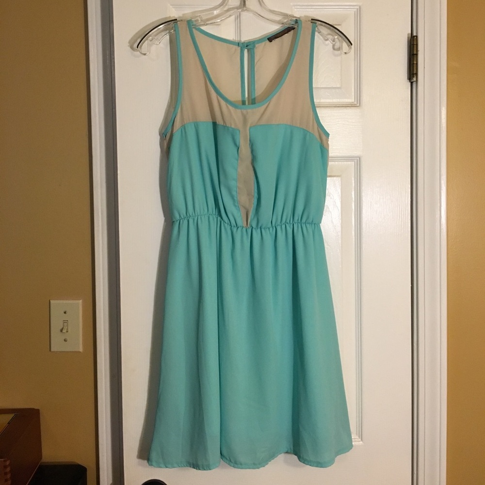Teal & cream mesh panel boutique dress