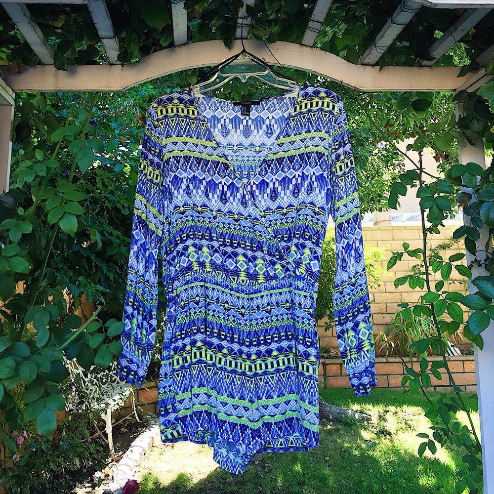 F21 Tribal Blue Long Sleeve Romper Size Medium