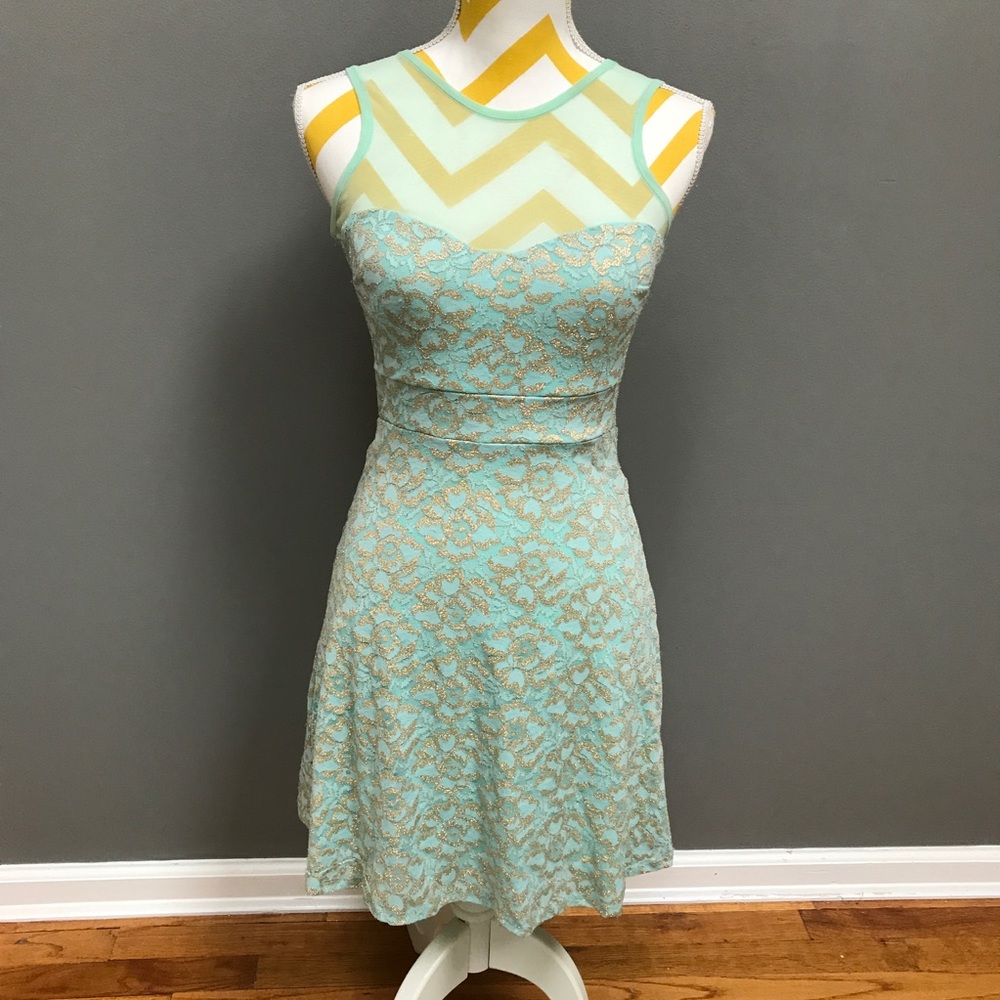 Vintage Inspired Mint Green with Gold Mini Dress