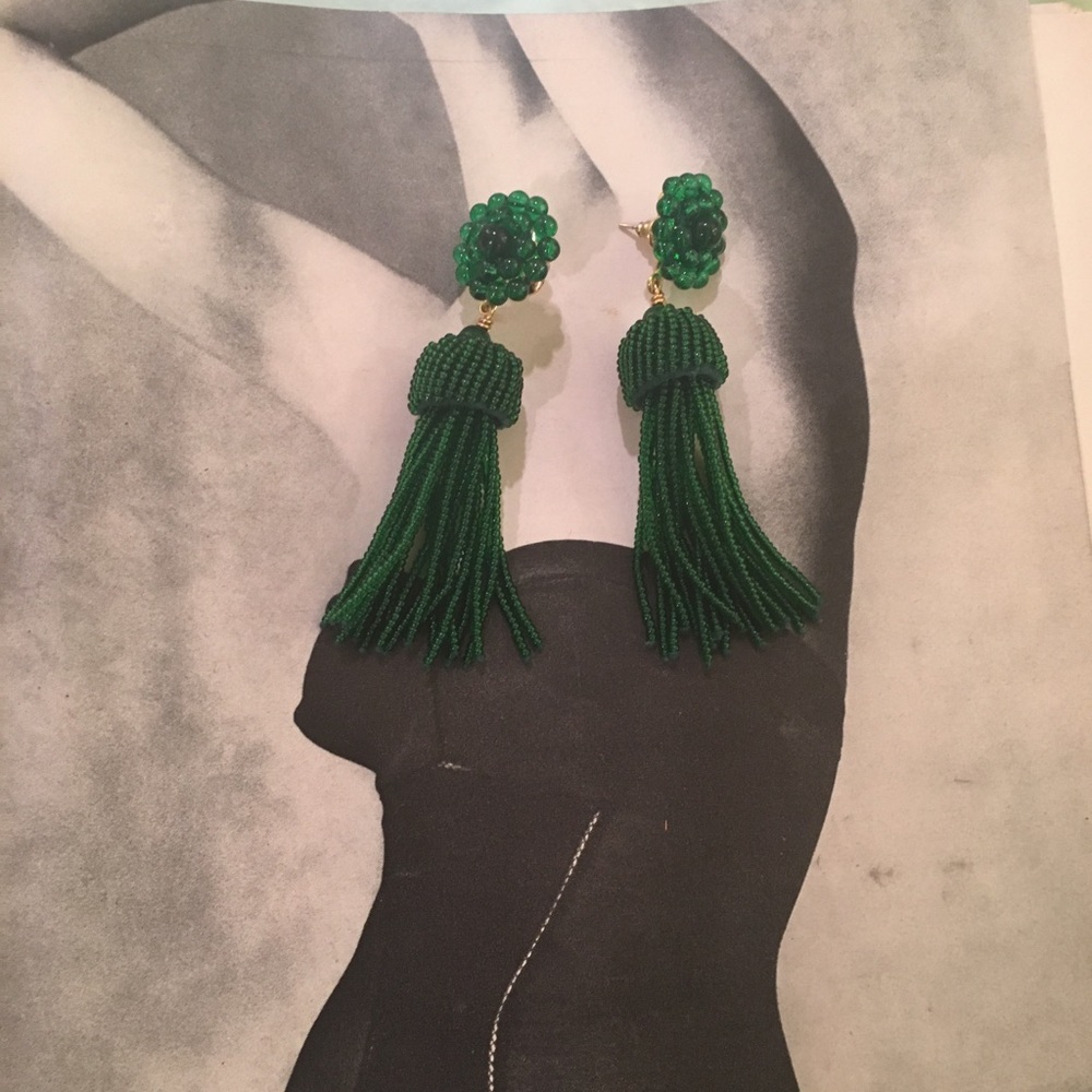 Green beaded tassel earrings