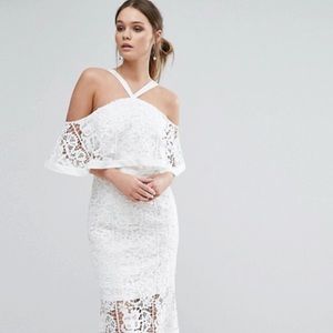 Jarlo- Frill Layered Cold Shoulder Lace Midi Dress