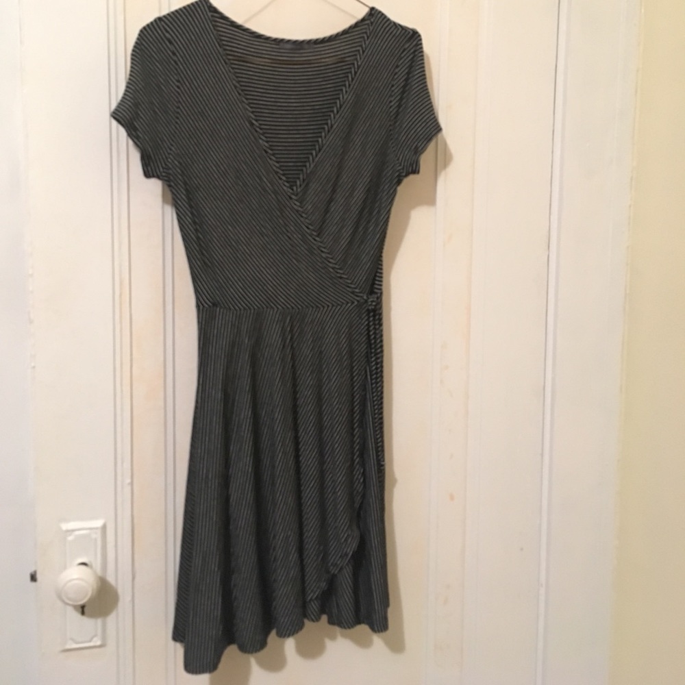 Black and white striped wrap dress.