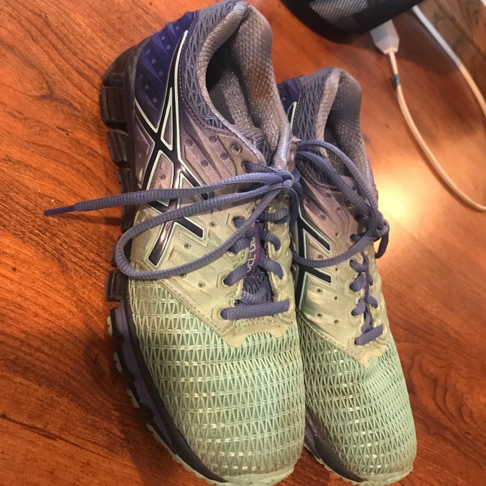 Blue and purple ASICS running shoes