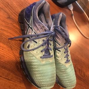 Blue and purple ASICS running shoes